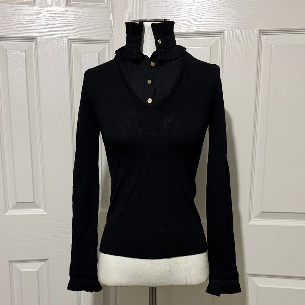 Tory Burch Removable Ruffle Collar Button-Up Knit Lightweight Wool Sweater